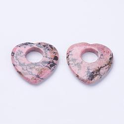 Ciondoli Rhodonite naturale, cuore, 39~40x40x7mm, Foro: 14.5 mm
