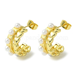 Brass Heart Stud Earrings with ABS Imitation Pearl, Half Hoop Earrings, Real 16K Gold Plated, 22x9mm