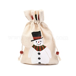 Bolso de tela de tela de algodón con tema navideño, bolsas de cordón, para la fiesta de navidad adornos de regalo, patrón de muñeco de nieve, 22x15 cm