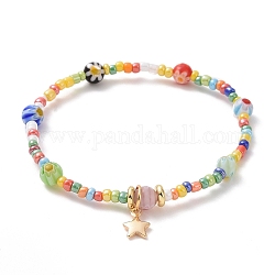 Bracelet extensible en perles de verre graine et millefiori avec breloques étoiles en laiton pour femme, colorées, diamètre intérieur: 2 pouce (5 cm)