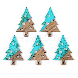 Transparent Resin & Walnut Wood Pendants, with Foil, Christmas Tree with Round, Deep Sky Blue, 40x28x3mm, Hole: 2mm