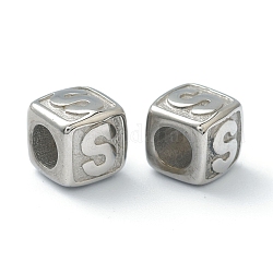 Perles européennes en 304 acier inoxydable, Perles avec un grand trou   , trou horizontal, cube avec la lettre, couleur inoxydable, letter.s, 8x8x8mm, Trou: 4mm