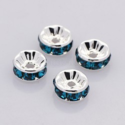 Abalorios de latón Diamante de imitación espaciador, aaa grado, brida recta, sin níquel, color plateado, rerondana plana, circón azul, 5x2.5mm, agujero: 1 mm