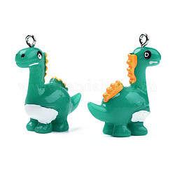 Opaque Resin Pendants, with Platinum Plated Iron Loops, Dinosaur, Green, 30.5~32x25x12mm, Hole: 2mm
