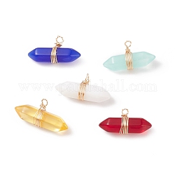 Glass Pendants, with Silver Tone Golden Wire Wrapped, Bullet, Golden, 11x23x7mm, Hole: 1.6mm