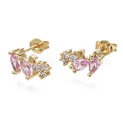 Brass Micro Pave Cubic Zirconia Stud Earrings, with Ear Nuts, Teardrop, Cadmium Free & Nickel Free & Lead Free, Pearl Pink, Real 16K Gold Plated, 7x12.5mm, Pin: 0.7mm