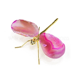 Dyed Natural Agate Slice Display Decorations, Reiki Energy Stone Statue, Dragonfly, Fuchsia, 110~160x80x28mm