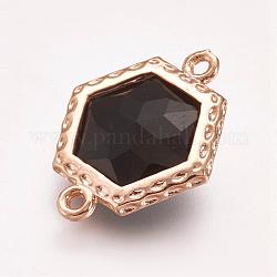 Faceted Glass Links connectors, with Brass Finding, Hexagon, Light Gold, Black, 18x14.5x5mm, Hole: 1mm