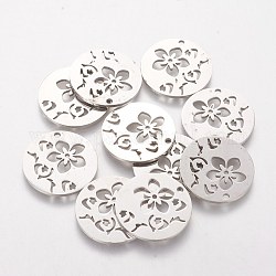 201 Stainless Steel Pendants, Flat Round with Flower, Stainless Steel Color, 20x1.1mm, Hole: 1.5mm
