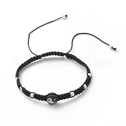 Bracelet de perles tressées en argile polymère yin yang et acrylique, bracelet réglable pour femme, noir et blanc, diamètre intérieur: 2-1/8~4-3/8 pouce (5.4~11 cm)