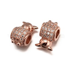 Monster Brass Micro Pave Cubic Zirconia European Large Hole Beads, Lead Free & Nickel Free & Cadmium Free, Real Rose Gold Plated, 12x8x8mm, Hole: 4mm
