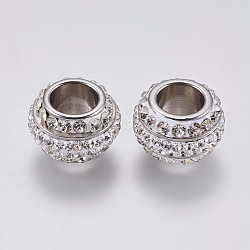 304 Stainless Steel Beads, with Polymer Clay Rhinestone, Large Hole Beads, Rondelle, White, Stainless Steel Color, 16x10mm, Hole: 8mm