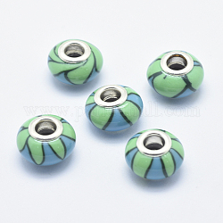 Handgemachte  europäischen Fimo-Perlen, mit versilberten Messingkernen, Großloch perlen, Unterlegscheibe mit Blumenmuster, mittleres Frühlingsgrün, 13~16x8~11 mm, Bohrung: 4.5~5 mm