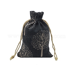 Borse portaoggetti in cotone e lino, sacchetti con coulisse, sacchetto di imballaggio, modello dell'albero della vita, nero, 14x10cm