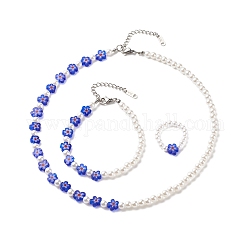 Perle d'imitation en plastique et perles de verre millefiori bracelet collier, ensemble de bijoux pour femmes, bleu, 16.14 pouce (41 cm), 7-1/4 pouce (18.5 cm), nous taille 7 3/4 (17.9mm)