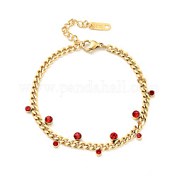 Bracelet breloques strass avec gourmettes, bijoux en acier inoxydable plaqué or 304 pour femme, ruby, 6-7/8 pouce (17.5 cm)
