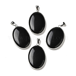 Pendentifs en obsidienne naturelle, breloques ovales avec accessoires en métal plaqué platine, 39.5x26x6mm, Trou: 7.6x4mm