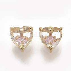 Latón charms de circonio cúbico, sin níquel, corazón, real 18k chapado en oro, rosa perla, 10x8.5x6.5mm, agujero: 1 mm