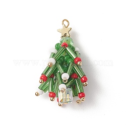 Weihnachtsthema-Anhänger aus Glasperlen, mit goldenen Messing Zubehör, Baum, grün, 35x18 mm, Bohrung: 2 mm