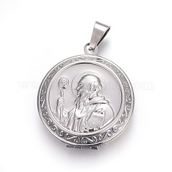 304 Stainless Steel Locket Pendants, Photo Frame Charms for Necklaces, Flat Round with Saint, Stainless Steel Color, 35.5x31x9mm, Hole: 4.8x8.5mm, Inner Diameter: 23mm