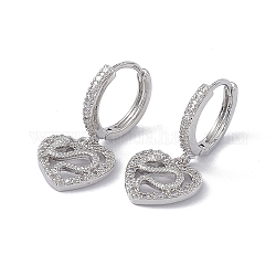 Boucles d'oreilles créoles pendantes en forme de cœur avec zircon cubique transparent et serpent, boucles d'oreilles pendantes en laiton pour femmes, platine, 27mm, pin: 0.7 mm