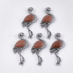 Synthetic Goldstone Brooches/Pendants, with Alloy Findings, Flamingo Shape, Antique Silver, 83.5x38x12mm, hole: 4x3mm, Pin: 0.7mm