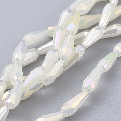Chapelets de perles en verre opaque électrolytique, plein arc-en-plaqué, facette, larme, blanc, 9~10x4mm, Trou: 0.8mm, Environ 70~72 pcs/chapelet, 25.98 pouce ~ 27.95 pouces (66~71 cm)
