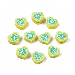 Perles en pâte polymère manuel, coeur avec motif de fleurs, jaune vert, 9x9~10x4~5mm, Trou: 1.5mm