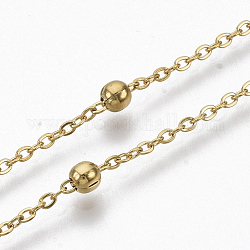 304 Edelstahl-Kabelketten, Satellitenketten, mit runden Perlen, gelötet, Flachoval, golden, 2x1.6x0.3 mm, ca. 39.37 Zoll (1m)/Strang
