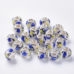 Perline murano europeo fatto a mano, perline con foro grande, con colore argento placcato ottone doppie core, fiore interiore lampwork, rondelle, blu, 14x11mm, Foro: 5 mm