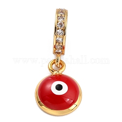 Brass Micro Pave Clear Cubic Zirconia European Dangle Charms, with Enamel, Long-Lasting Plated,  Large Hole Pendants, Flat Round with Evil Eye, Golden, Red, 21mm, Flat Round: 13x10x3.5mm, Hole: 5mm