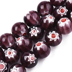 Chapelets de perles en verre de millefiori manuelles, ronde, violet, 10mm, Trou: 1.2mm, Environ 36~38 pcs/chapelet, 13.78 pouce ~ 14.88 pouces (35 cm ~ 37.8 cm)