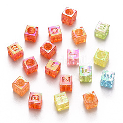 Perles en acrylique transparente, trou horizontal, de couleur plaquée ab , cube avec des lettres initiales mixtes, couleur mixte, 6x6x6mm, Trou: 3mm, environ 3800 pcs/500 g