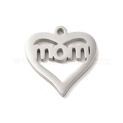 Pendentifs en acier inoxydable thème fête des mères 304, couleur inoxydable, coeur avec mot maman breloques, cœur, 16.5x15.5x1.3mm, Trou: 1.5mm
