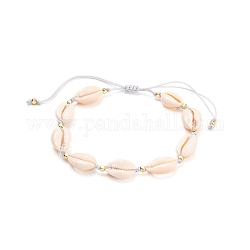 Bracelets de cheville ajustables en fil de nylon tressé, avec des perles de coquillage cauri naturel et des perles cubiques en laiton, or, 2-3/8~4-3/8 pouce (6~11 cm)
