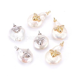 Natural Cultured Freshwater Pearl Pendants, with Brass Cubic Zirconia Cabochons, Long-Lasting Plated, Nuggets with Bees, Mixed Color, 14~18x20~29x5~8mm, Hole: 1.4mm