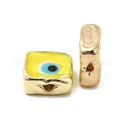 Perle di smalto in ottone, placcato di lunga durata, vero placcato oro 18k, quadrato con motivo malocchio, giallo, 10~11x10~11x4.5~5.5mm, Foro: 1.6~1.8 mm