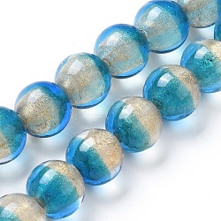 Brin de perles de verre de feuille d'argent au chalumeau, avec de la poudre d'or, ronde, bleu profond du ciel, 12~12.5x11~12mm, Trou: 1.5mm, Environ 30 pcs/chapelet, 13.5 pouce (34.5 cm)