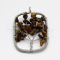 Brass Natural Tiger Eye Pendants, Rectangle with Tree of Life, with Metal Findings, Platinum, 55x41x8mm, Hole: 5mm