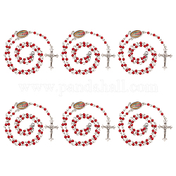 Collier de perles de chapelet acrylique, alliage vierge marie avec collier pendentif croix pour femme, rouge foncé, 19.69 pouce (50 cm)