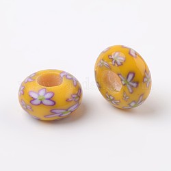 Perles européennes en émail de pâte polymère, perles de rondelle avec grand trou , or, 14x7.5mm, Trou: 5.5mm