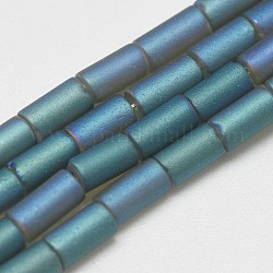 Abalorios de vidrio electroplate hebras, arco iris chapado, esmerilado, tubo, verde mar claro, 4~5x2~3mm, agujero: 0.5 mm, aproximamente 100 pcs / cadena, 19.68 pulgada