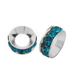 Perline distanziatori strass in ottone, grado a, rondelle, colore argento placcato, blu zirconia, 9x4mm