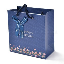 Rechteckige Papiertüten, mit Baumwollseilgriffen und Bowknotband, Blumen- & Wortmuster, für Geschenktüten und Einkaufstüten, Preußischblau, 14x7.1x14.5 cm