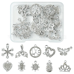 20Pcs 10 Style Alloy Crystal Rhinestone Pendants, Helm & Butterfly & Snowflake & Crown & Pineapple Charms, Platinum, 15~21.5x9~17.5x2~3.5mm, Hole: 1.6~2.6mm, 2Pcs/style