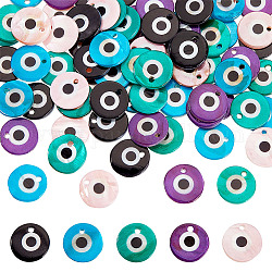 ARRICRAFT 80Pcs 5 Colors Printed Freshwater Shell Charms, Flat Round with Evil Eye, Mixed Color, 12~13x1.5~3mm, Hole: 1.5~1.8mm, 16pcs/color