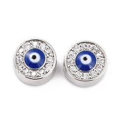 Messing Micro Pave klare Zirkonia Perlen, mit Emaille, flach rund mit bösen Blick, Echt platiniert, 9.5x5.5 mm, Bohrung: 2.5 mm