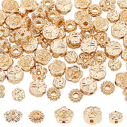 Dicosmétique 80 pièce 5 styles de perles d'espacement en forme de fleur, perles en alliage plaqué or 14 carats, petites perles de charme en vrac, perles rondes plates pour la fabrication de bijoux, colliers et bracelets à faire soi-même, Trou: 1~2.1mm