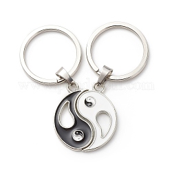 Alloy Enamel Split Pendant Keychains, with 304 Stainless Steel Clasp Findings, Gossip/Yin Yang, Platinum, Black, 57mm, 2pc/set