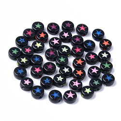 Perles noires opaques acryliques, plat rond avec étoile de couleur mélangée, 7x3.5mm, Trou: 1.5mm, environ 3600 pcs/500 g